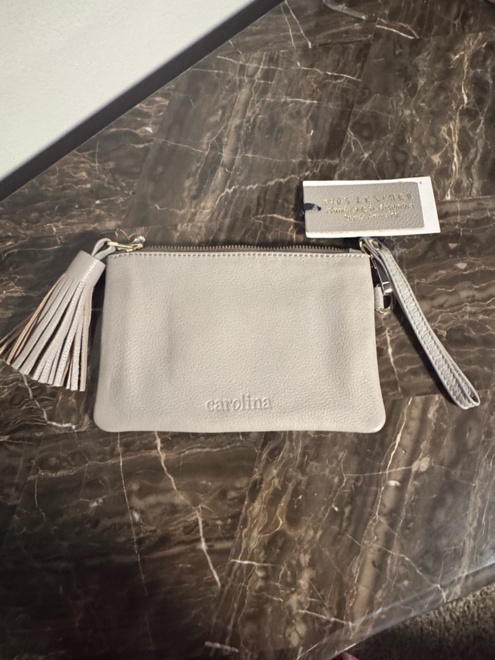 Carolina leather wristlet zip-top closure, removable tassel light grey color